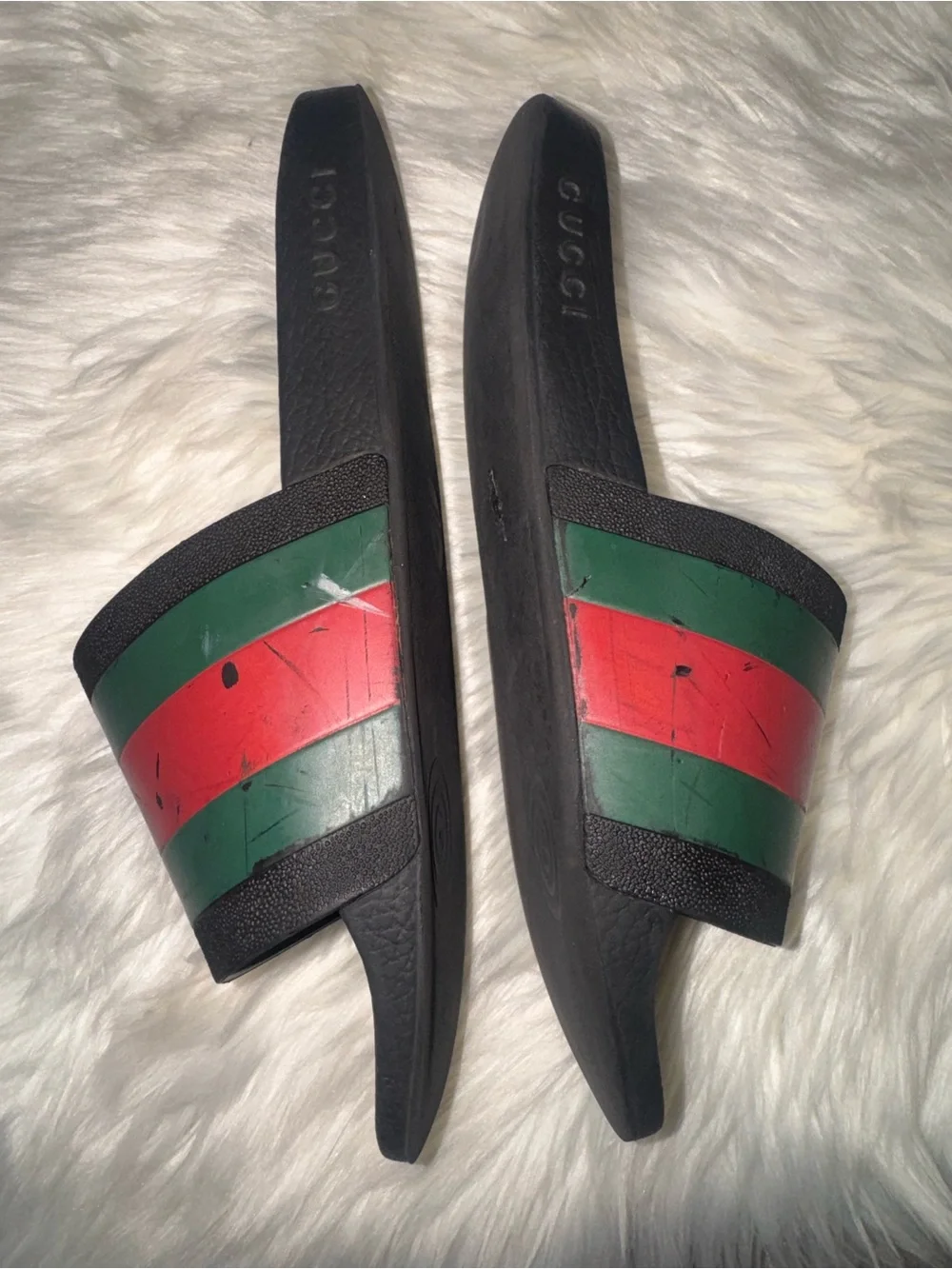 Gucci Black Slides with Green and Red Stripes